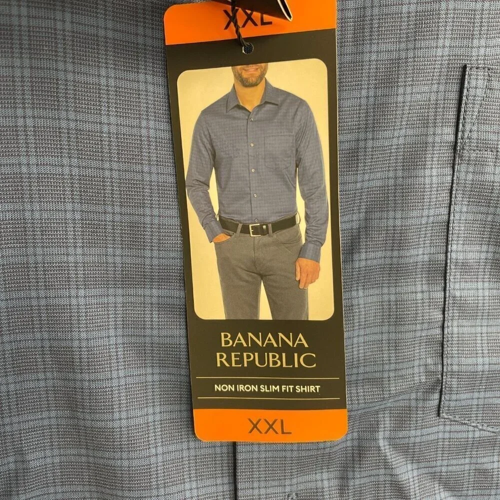 NEW Banana Republic Men's XXL Slim Fit Button down Dress Shirt Plaid Blue
